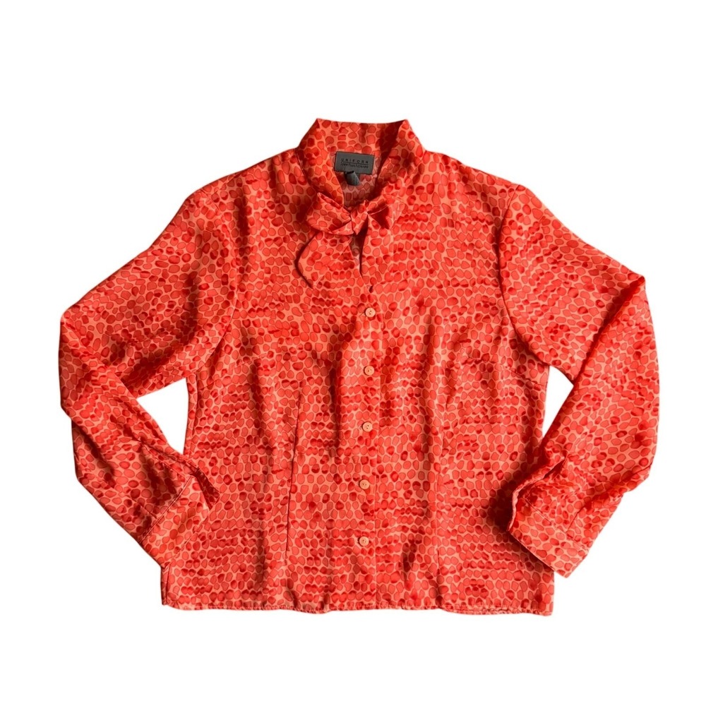 Vintage Neck Bow Button Up Top Womens Size M‎ Orange Animal Print Work Secretary